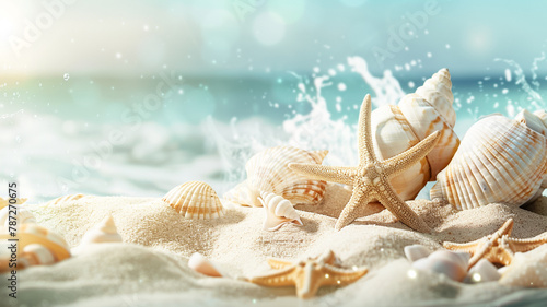 Beautiful sea shells on the seashore with room for a product or advertising. 