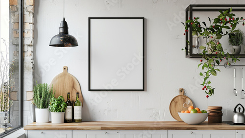 modern farmhouse kitchen with white wall with blank poster frame on the counter