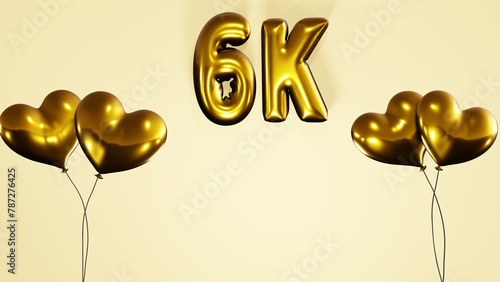 6k , 6000 followers subscribers likes celebration background with golden heart shaped helium air balloons and balloon texts on pink background 8k illustration.