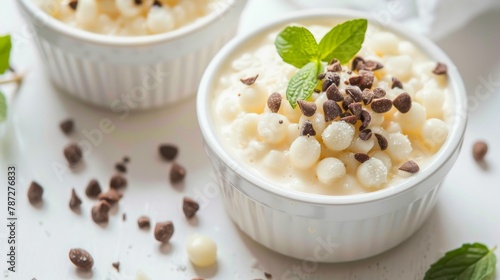 Tapioca with coconut milk and mint leaves