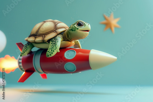 3D caricature of a turtle on a rocket.