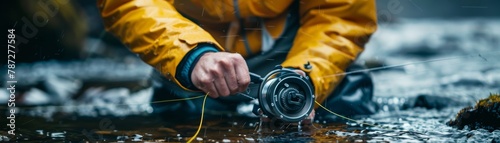 In the rain, a fisherman's hands deftly manipulate a fly fishing reel, protected by a waterproof yellow jacket.