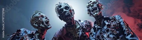 Color photo of three undead, eerie atmosphere, detailed costumes, 