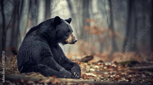 Black Bear Sitting in the Woods. A Majestic Carnivore Mammal with Big Presence - Ursus Americanus