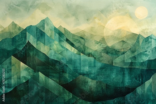 Enchanting sage green mountains beneath a geometric patterned sky, details in crisp turquoise