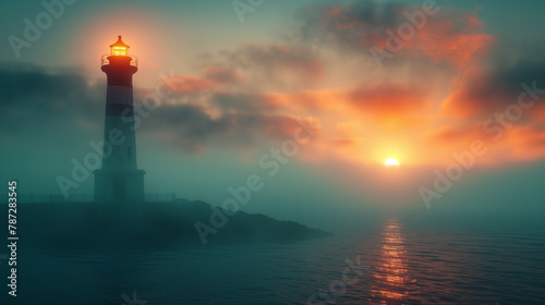 A solitary lighthouse stands against a sunset enveloped by fog, casting a warm glow over the tranquil sea.