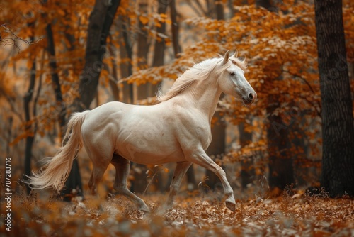Free and Majestic: Cremello Akhal Teke Stallion Trots through Autumn Forest