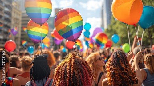 A large group of people celebrating at a Pride parade with rainbow flags and colorful balloons