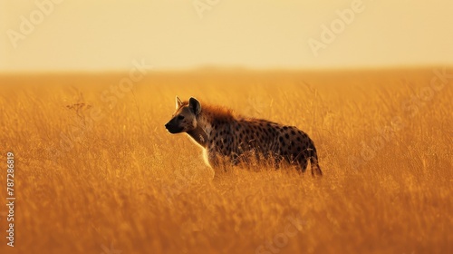 A lone hyena wandering through the minimalist savanna scenery.