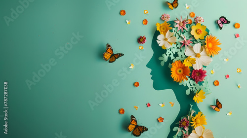 Cardboard silhouette of human head decorated with flowers and butterfly on mint background World mental health day concept Vertical banner Copy space : Generative AI