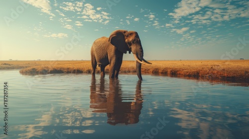 A majestic African elephant drinking from a watering hole in the minimalist savanna.