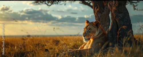 A pride of lions basking in the warm glow of the setting sun on the savanna.