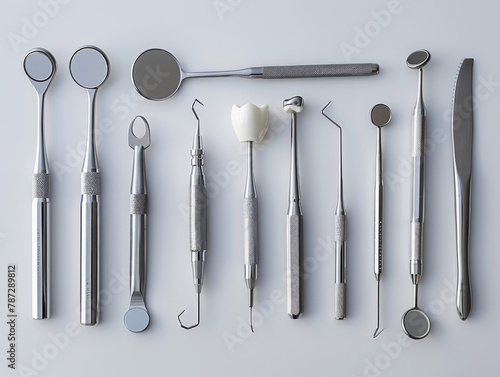 Collezione di vari strumenti dentali in acciaio inossidabile disposti in modo professionale su una superficie bianca