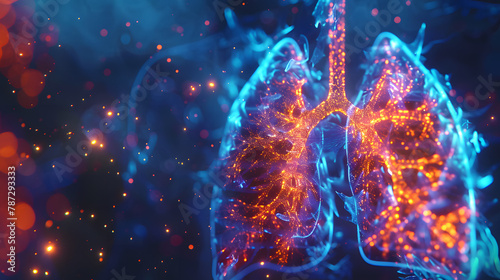 This digital artwork intricately maps the human respiratory system with glowing highlights indicating airflow and health