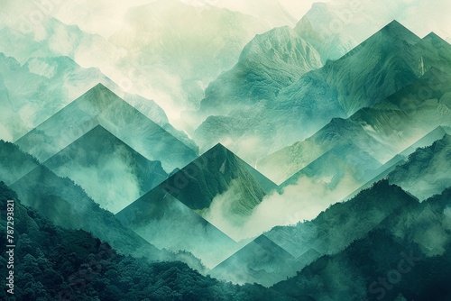Sage green mountains layered with turquoise geometric designs, a mystical and crisp environment