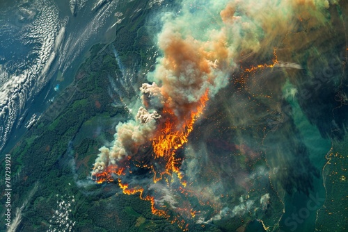 Satellite view of a large area of the Amazon rainforest being consumed by fire, smoke plumes visible from space