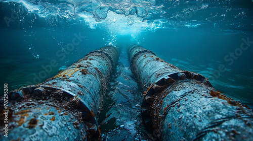 Damage to pipes on the seabed. Damage to oil pipeline pipes at the bottom of the sea.