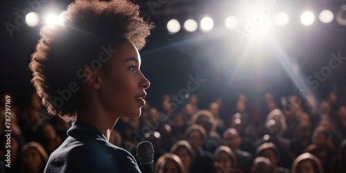 Young african american woman speaking into microphone in concert hall.