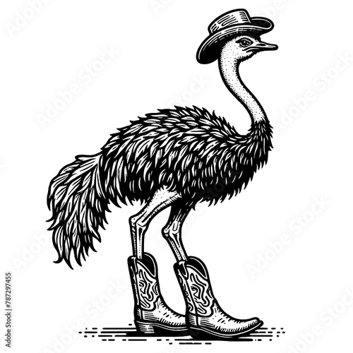 Ostrich bird in cowboy hat and boots, blending wildlife with western fashion sketch engraving generative ai PNG illustration. Scratch board imitation. Black and white image.