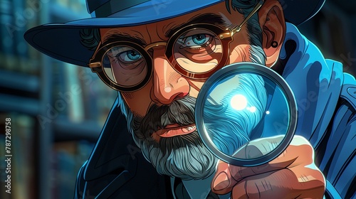 Cartoon bearded detective solving a mystery, intriguing case files background