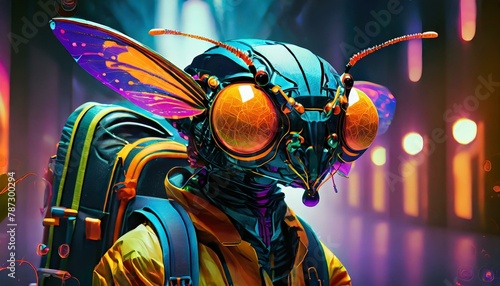 anamorphic insect character dressed as a tourist, complete with a backpack. The insect features exaggerated, colorful eyes and a vibrant exoskeleton, suggesting an otherworldly origin. AI Generated