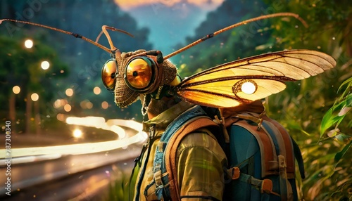 anamorphic insect character dressed as a tourist, complete with a backpack. The insect features exaggerated, colorful eyes and a vibrant exoskeleton, suggesting an otherworldly origin. AI Generated