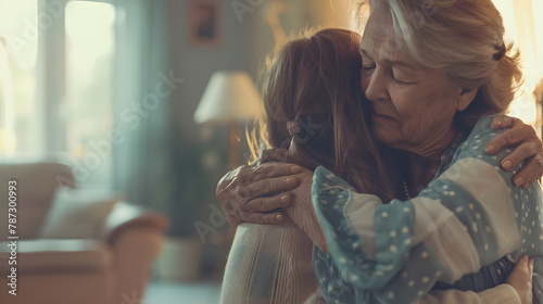 Grandmother and granddaughter hugging in the living room Two adult women of different age Family values concept Close up copy space background : Generative AI