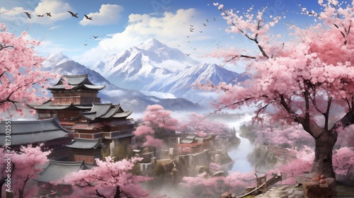 Digital painting of an idyllic ancient pagoda amidst cherry blossoms with a majestic mountain backdrop and flying birds, evoking a sense of peace. 