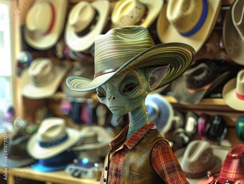 An alien at a hat store, trying on cowboy, fedora, and beanie hats, fascinated by Earths fashion
