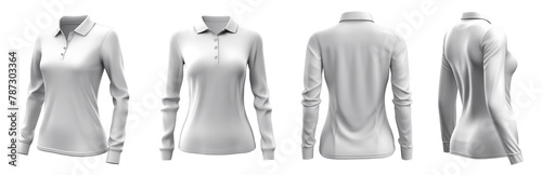 Set of woman white front, back and side view collar long sleeve slim fit polo tee shirt on transparent background cutout, PNG file. Mockup template for artwork graphic design. 
