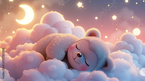 Teddy bear sleeping on the moon in the clouds. 3D rendering