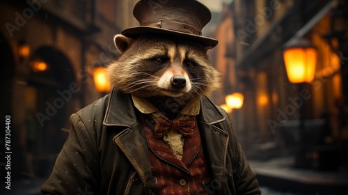 Imagine a dapper raccoon in a tweed blazer, complete with a bowler hat and a vintage pocket watch. Amidst a backdrop of city streets, it exudes old-world charm and urban elegance. The vibe: timeless a