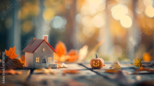Autumnal Background Toy house and pumpkin on wooden background Thanksgiving banner copy space Hygge mood change of seasons concept Hello Autumn with family Halloween party : Generative AI