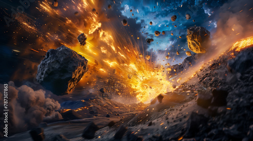An asteroid colliding with a rocky mountain, the scene captured at high speed, showcasing the powerful, energetic explosion in vivid color for an advertisement