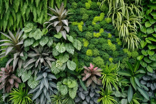 Various plants growing abundantly on a vertical surface.