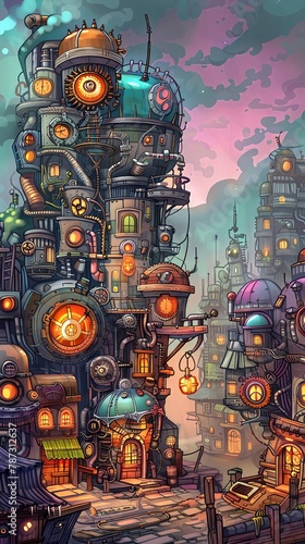 An elaborate steampunk city with gears and machinery adorning every building, created by a masterful illustrator