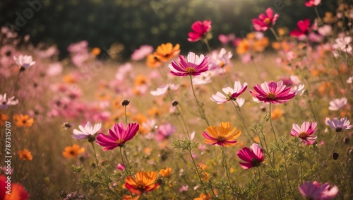 Field of sunshine Cosmos flowers in yellow, pink, and orange Pink flower field with pink flowers wallpaper colorful zinnia flowers