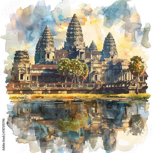 angkor wat lanscape vector illustration in watercolor style