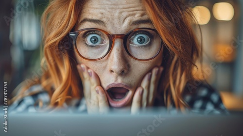 Redhead girl wearing glasses looking at laptop with shocked expression on her face
