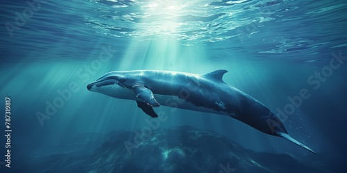 A serene underwater scene with a humpback whale and sun light filtering through water