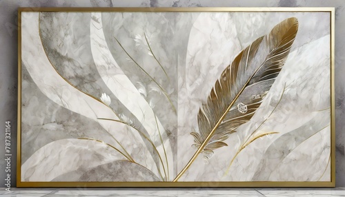 Wallpaper panel wall art, marble background with feather designs , wall decoration