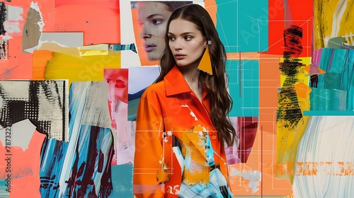 Fashion portrait of young beautiful woman in orange coat on colorful background, photo collages