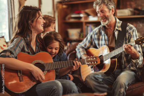 Happy parents and children play guitars and sing together in a cozy living room. Shallow depth of field