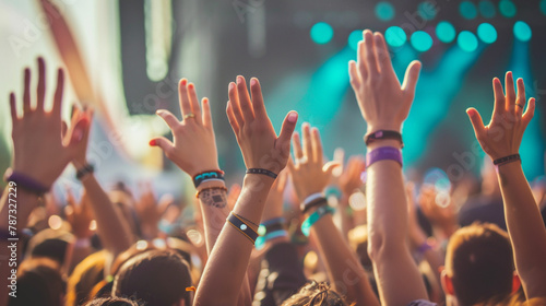 Enthusiastic Crowd with Raised Hands, Lost in the Moment at a Music Festival