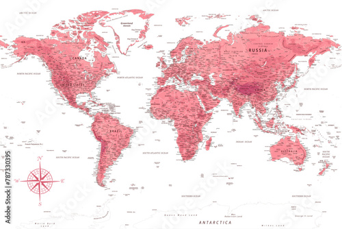 World Map - Highly Detailed Vector Map of the World. Ideally for the Print Posters. Rose Pink Colors. With Relief and Depth