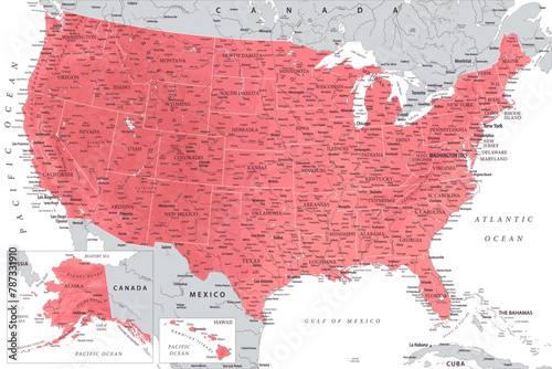 United States - Highly Detailed Vector Map of the USA. Ideally for the Print Posters. Rose Pink Colors. Relief Topographic
