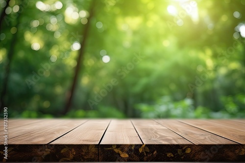 Blank Platform, Brown Wooden Table with Spring Leaves Green Nature Blur Background