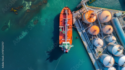 Aerial drone ultra wide panoramic photo with copy space of LNG Liquified Natural Gas tanker anchored in small gas terminal island with tanks for storage : Generative AI