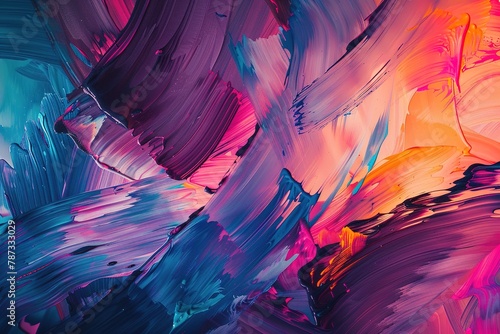 Vibrant abstract painting with dynamic brushstrokes in pink and blue hues.