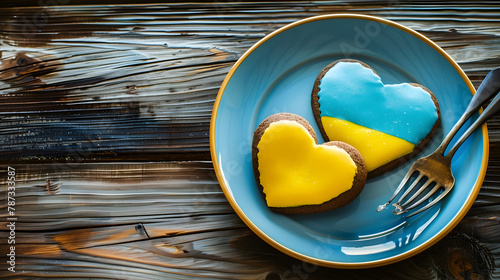 Plate with Two Heart shape ukrainian colours blue and yellow national flag gingerbread cookies on table Flat lay copy space : Generative AI